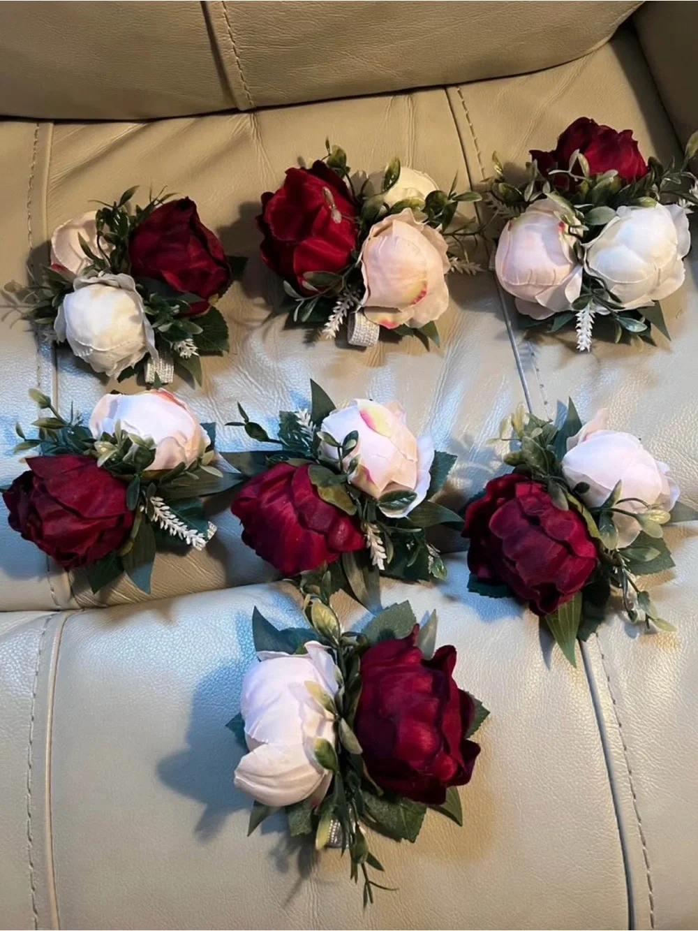 Wedding Wrist Corsages, Burgundy, Blush & Ivory Peonies - Set of 7